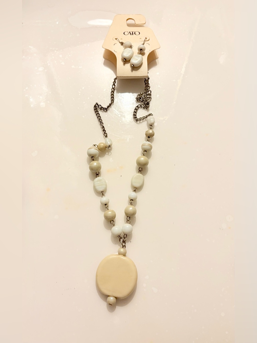 Cato Cream and White Beaded Pendant Necklace with Matching Earrings